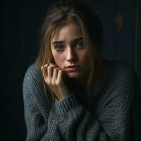 a young woman is sitting in a dark room with her hand on her chin generative ai photo
