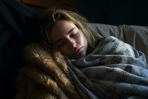 a young woman is sleeping in bed with a blanket generative ai photo