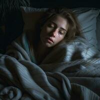 a young woman is sleeping under a blanket in a dark room generative ai photo