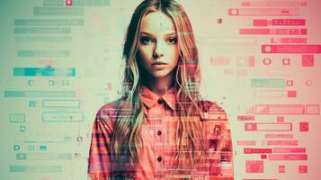 a young woman is standing in front of a computer screen generative ai photo