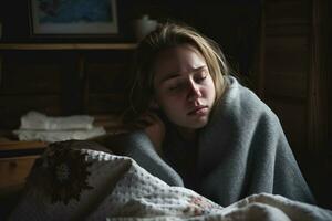 a young woman is wrapped in a blanket on a bed generative ai photo