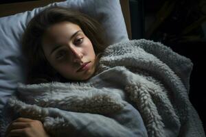 a young woman laying in bed with a blanket generative ai photo