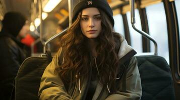 a young woman wearing a beanie on a bus generative ai photo