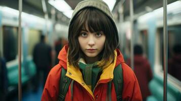 a young woman wearing a jacket and hat on a subway generative ai photo