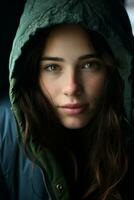 a young woman wearing a green hooded jacket generative ai photo