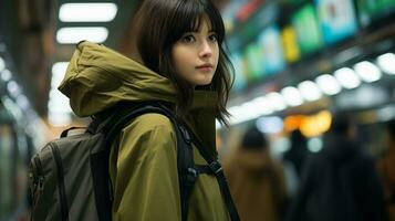 a young woman with a backpack standing in a subway station generative ai photo