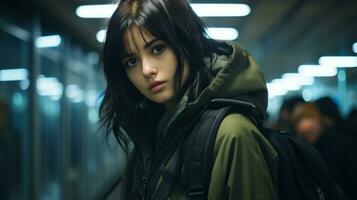 a young woman with a backpack standing in a subway generative ai photo