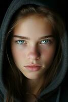 a young woman with blue eyes in a hoodie generative ai photo