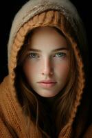 a young woman with blue eyes wearing a brown sweater generative ai photo