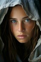 a young woman with blue eyes under a hood generative ai photo