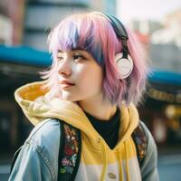 a young woman with colorful hair wearing headphones generative ai photo