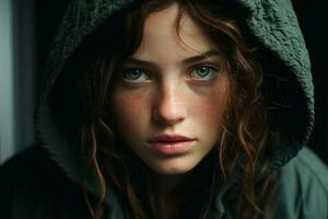 a young woman with green eyes and a green hoodie generative ai photo