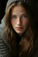 a young woman with green eyes and a gray sweater generative ai photo