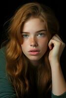 a young woman with freckles on her face generative ai photo