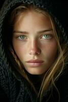 a young woman with green eyes in a black hoodie generative ai photo