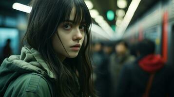 a young woman with long hair standing in a subway generative ai photo