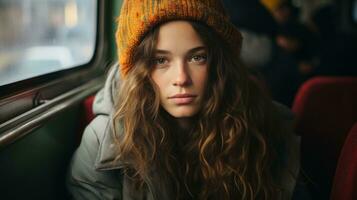 a young woman with long hair sitting on a bus generative ai photo