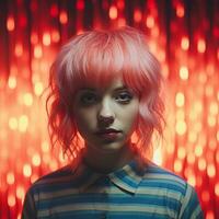 a young woman with pink hair standing in front of red lights generative ai photo