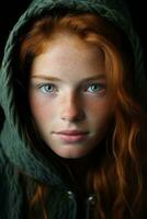 a young woman with red hair and green eyes generative ai photo