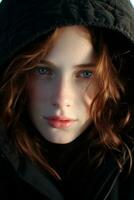 a young woman with red hair in a black jacket generative ai photo