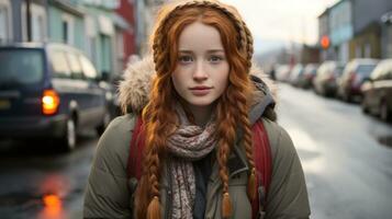 a young woman with red hair standing in the middle of a city street generative ai photo