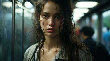 a young woman with wet hair standing in a subway generative ai photo