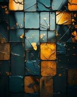 an abstract image of a broken glass wall with orange and blue squares generative ai photo