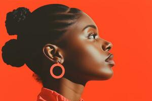 an african american woman wearing earrings on an orange background generative ai photo