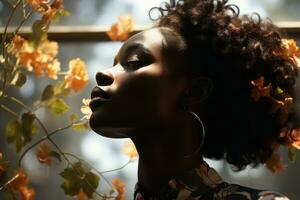 un africano americano mujer con un flor en su pelo generativo ai foto