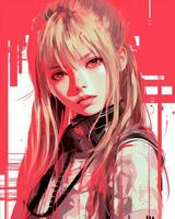 an anime girl with long hair and a red background generative ai photo