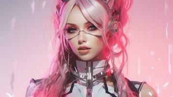 an anime girl with pink hair and glasses generative ai photo
