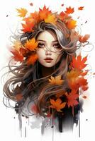 an artistic painting of a woman with autumn leaves on her head generative ai photo