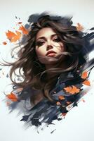 an artistic painting of a woman with long hair and leaves generative ai photo