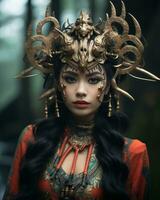 an asian woman wearing an elaborate headdress in the woods generative ai photo