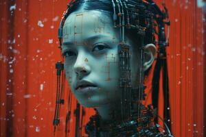 an asian woman with wires on her head in front of a red background generative ai photo