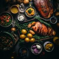 an assortment of food on a table including meat vegetables and other ingredients generative ai photo