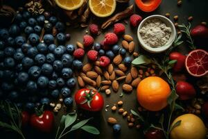 an assortment of fruits and nuts on a dark background generative ai photo