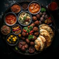 an assortment of food on a wooden platter generative ai photo