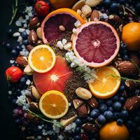an assortment of fruits and nuts on a black background generative ai photo