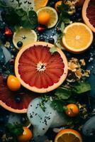 an assortment of fruits and vegetables are arranged on a table generative ai photo