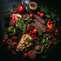 an assortment of vegetables and meat on a black background generative ai photo