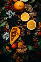 an assortment of fruits and nuts on a black background generative ai photo