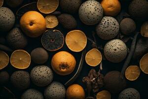 an assortment of oranges and other fruits on a black background generative ai photo