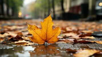 un otoño hoja se sienta en el suelo en un charco de agua generativo ai foto