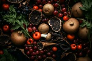 an assortment of vegetables and mushrooms on a black background generative ai photo