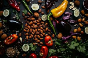 an assortment of vegetables and nuts on a black background generative ai photo