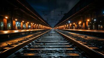 an empty train station at night with lights on the tracks generative ai photo