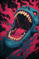 an illustration of a blue and red monster with its mouth open generative ai photo