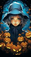 an illustration of a girl in a hat surrounded by pumpkins generative ai photo