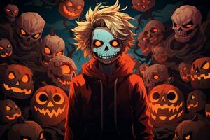 an illustration of a boy surrounded by pumpkins and skulls generative ai photo